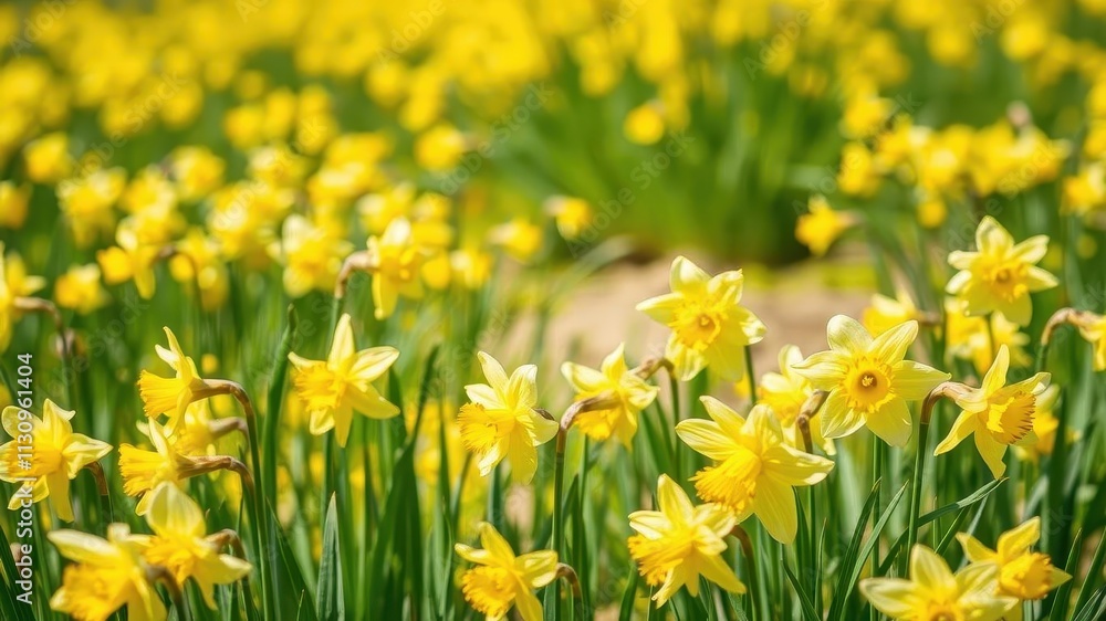 Obraz premium Lush field of bright yellow Daffodil flowers swaying in the breeze under a clear blue sky in a sunny day, field, growth, bloom