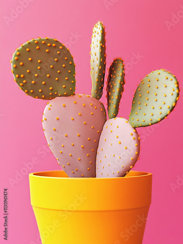  A close-up of an opuntia cactus in a pot, against a vibrant yellow background.  photo