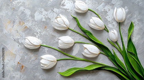 Minimalist Painting of White Tulips with Delicate Green Leaves on Textured Gray Background Capturing Elegance and Simplicity