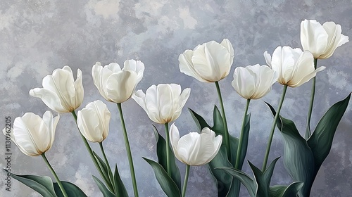 Serene Blooming White Tulips Against Soft Abstract Gray Backdrop