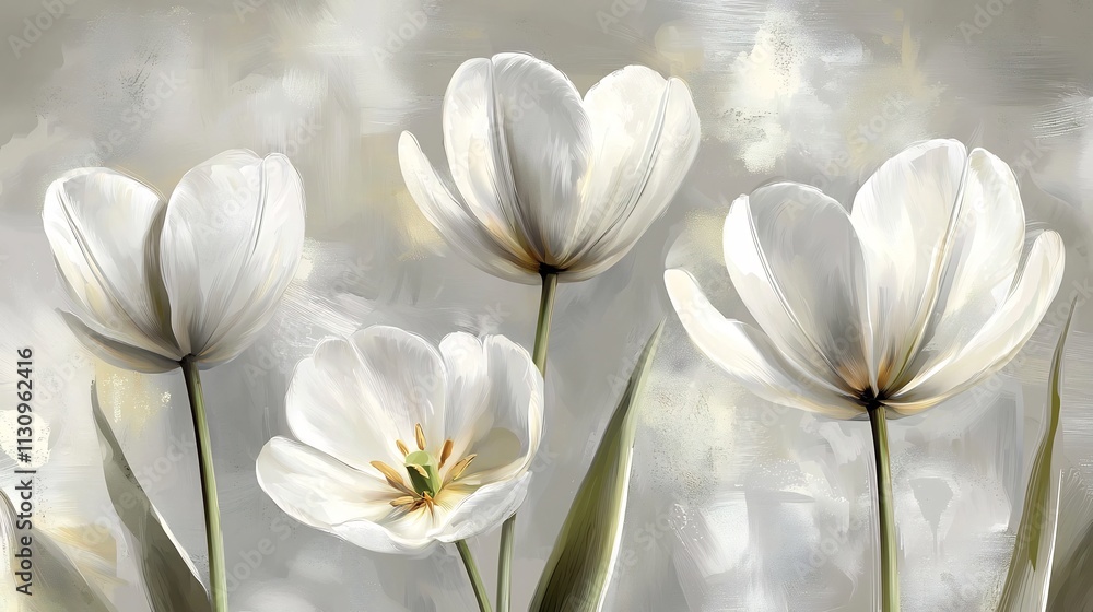 Fototapeta premium Serene White Tulips Blooming Against Abstract Gray Backdrop