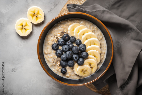 A oatmeal porridge in a bowl, topped with sliced banana, fresh blueberries, and chia seeds, all resting on a grey concrete kitchen table. photo