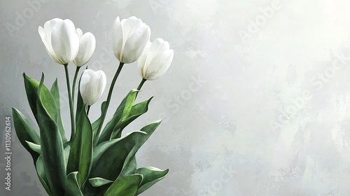 Elegant White Tulips with Lush Green Leaves on Soft Textured Gray Background