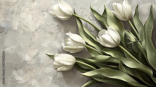 Elegant White Tulips with Lush Green Leaves on Soft Textured Gray Background