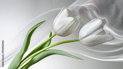 Gracefully Bending White Tulips on Serene Abstract Gray Background