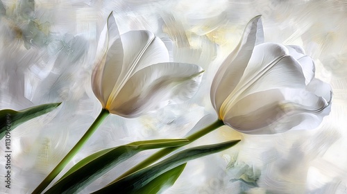 Two Gracefully Bending White Tulips with Vibrant Green Stems on Light Abstract Gray Background