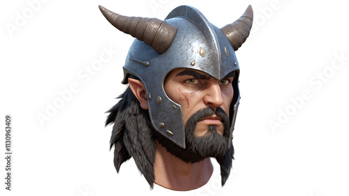 3D Render of a Warrior's Head,  Medieval Fantasy Helmet with Horns,  Detailed Bust,  Serious Expression, Digital Art. Transparent Background.