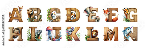 Colorful wood zoo alphabet with cute animals. Cartoon letters for children isolated vector illustration collection.