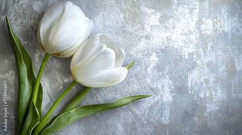 Vibrant White Tulips with Gentle Curves on Textured Gray Canvas