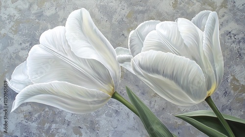 Elegant White Tulips with Vibrant Green Stems on a Textured Canvas