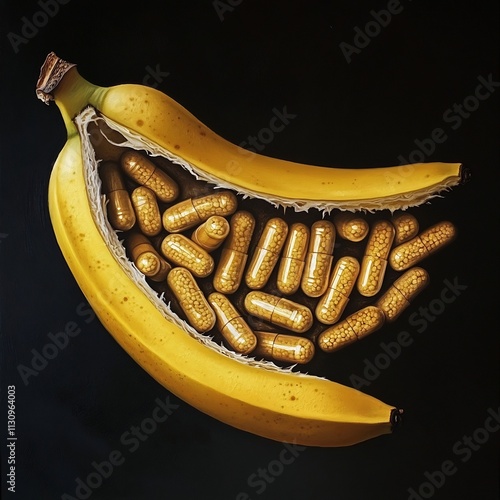 Assorted Capsules and Banana Healthy Dietary Supplement Ingredients Concept