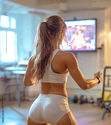 Woman Exercising at Home Wearing White Athletic Wear photo