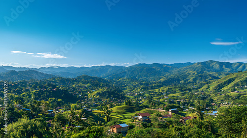 Capturing the Stunning Beauty of Mizo Terraced Rice Fields and Traditional Bamboo Houses in a Scenic Landscape photo