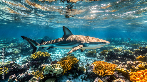 Captivating Underwater Scene of a Majestic Magar Swimming Gracefully Through Clear Waters and Coral Reefs photo