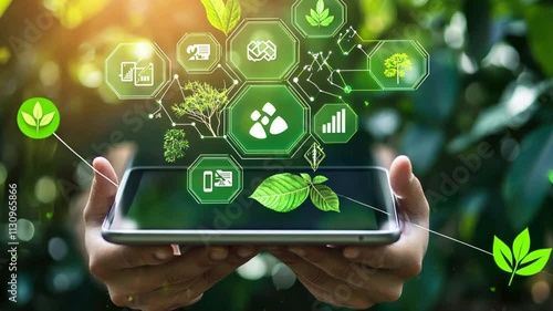 A tablet is being held up to a green background with a variety of icons