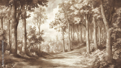 Vintage trees forest drawing european antique wallpaper mural. Mural. Illustration