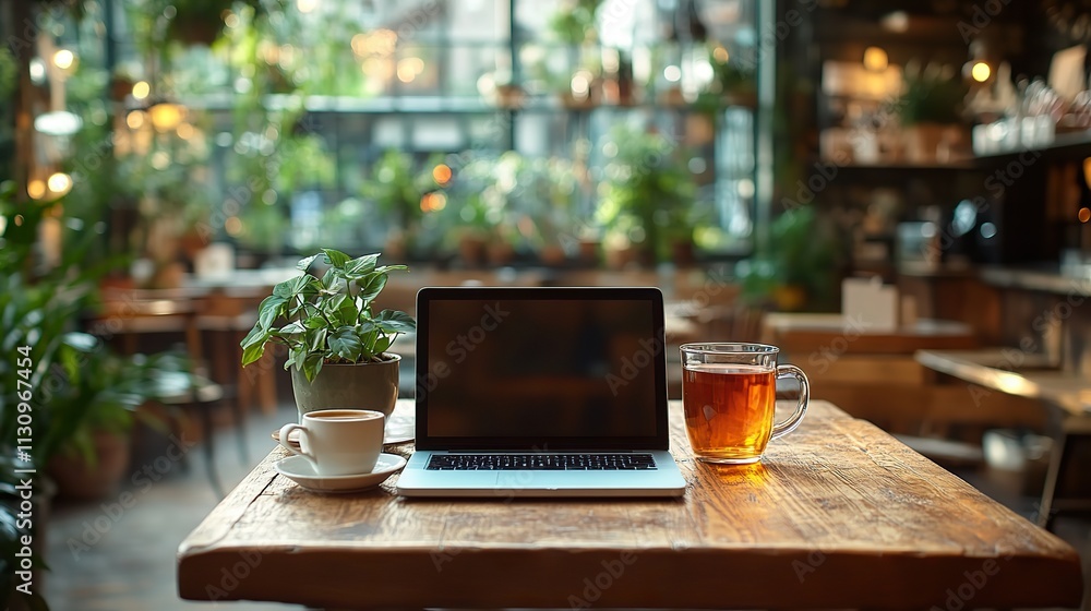 Fototapeta premium An empty wooden table in a cafe awaits a freelancer, with a laptop, a cup of tea, and other items ready for use