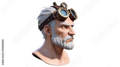 Steampunk Aged Inventor Bust 3D Render. Transparent Background.
