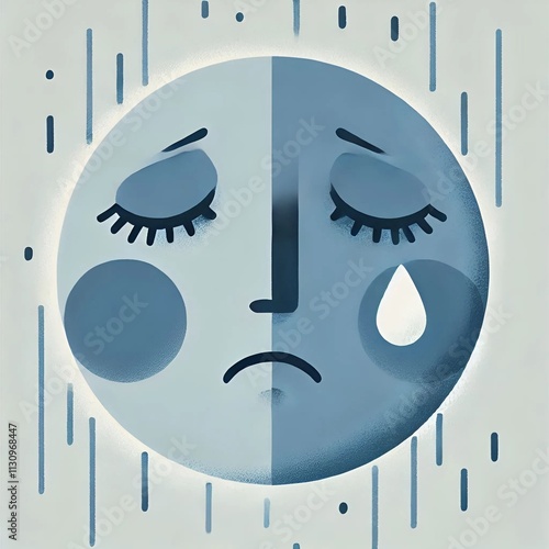 Flat-style illustration of a sad face, blue and gray tones dominate, with a single tear on the cheek. 