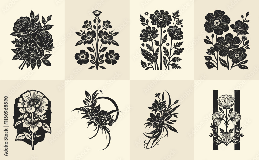 Fototapeta premium Botanical linocut drawing. Minimal plant logo, botanical graphic sketch drawing, meadow greenery, leaf and blooming flower abstract sketch element collection, rustic branch.