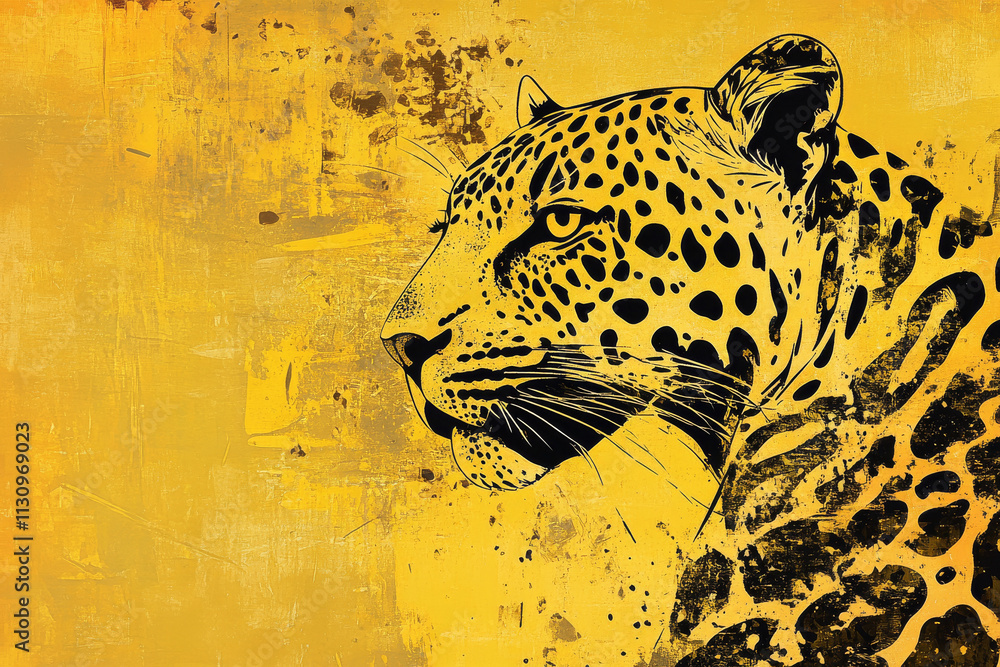 Fototapeta Abstract leopard illustration, golden yellow background, artistic design featuring leopards and golden accents.