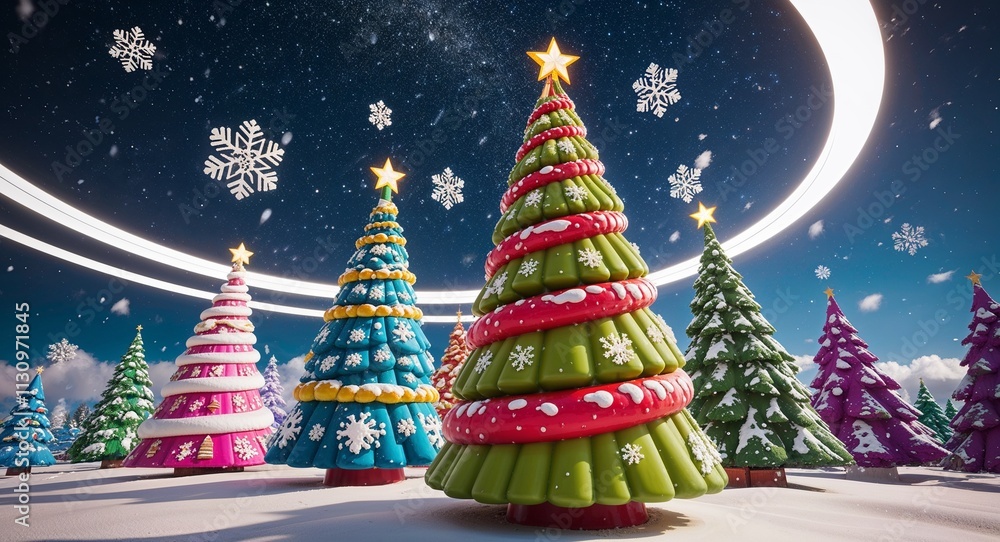 Obraz premium Snowflakes swirling around vibrant anime style Christmas trees under a starry sky