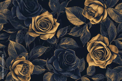 A contemporary floral pattern featuring stylized roses in metallic tones over a deep obsidian background. photo