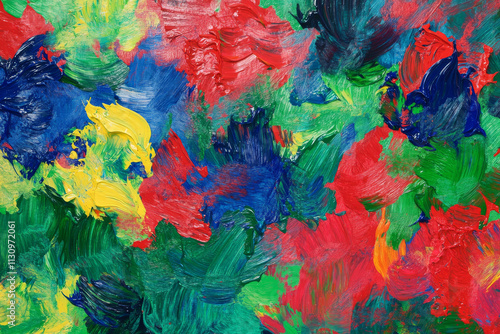 A creative abstract colorful background with painterly strokes in shades of red, green, and electric blue. photo