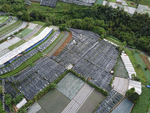 The beauty of the landscape Leek and vegetable plantations and architecture of the arrangement of terraced houses in the tourist area of ​​Nepal van Java, Butuh Hamlet, Magelang, indonesia photo