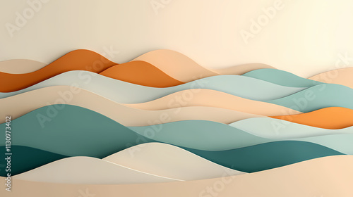 Minimalist 3d mural of hills, muted color palette of brown, teal, orange, and cream, simple lines, light and soft background. Mural. Illustration photo