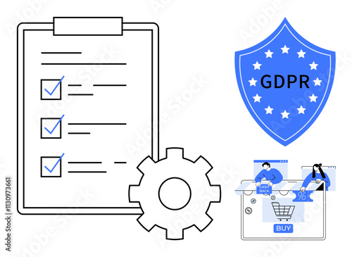 GDPR shield emblem, checklist with checkmarks, gear icon, and two shoppers in an online store. Ideal for data privacy, security, regulations, compliance, e-commerce customer protection digital