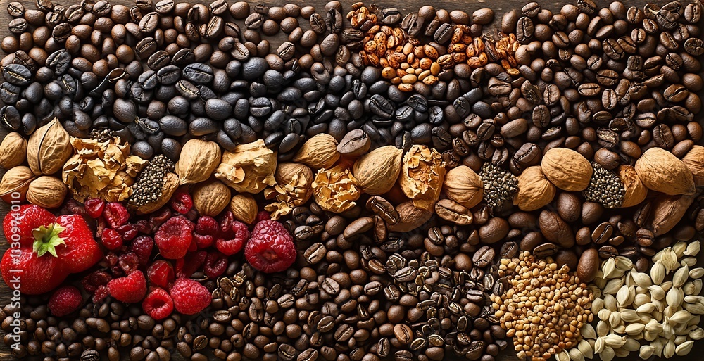Obraz premium Brown coffee beans form a textured pattern, representing caffeine, espresso, and organic harvest, with a background of seeds for food ingredients and natural produce