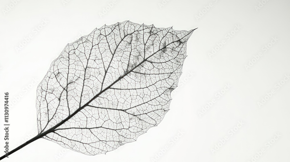 Obraz premium Skeletal leaf, delicate veins, white background.