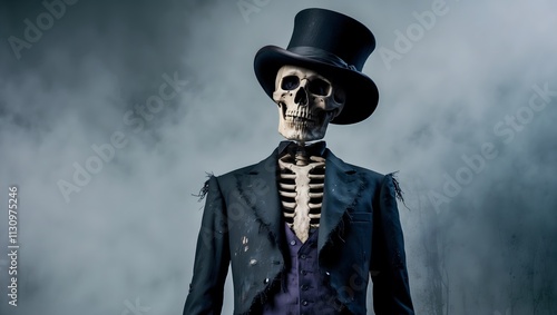 Artistic portrait of a worn skeleton in a distressed black suit with frayed details and a torn waistcoat, paired with a threadbare top hat tilted to one side. Captured in low-key lighting, the ominous photo