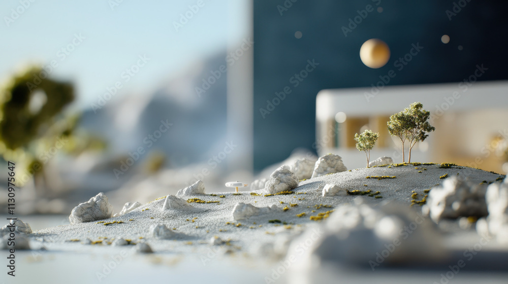 Fototapeta premium futuristic landscape model featuring small hill with trees, rocks, and distant planet. scene evokes sense of exploration and innovation