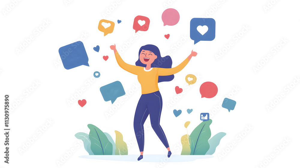 Fototapeta premium A cheerful vector scene of a community manager juggling social media tasks with floating alert symbols