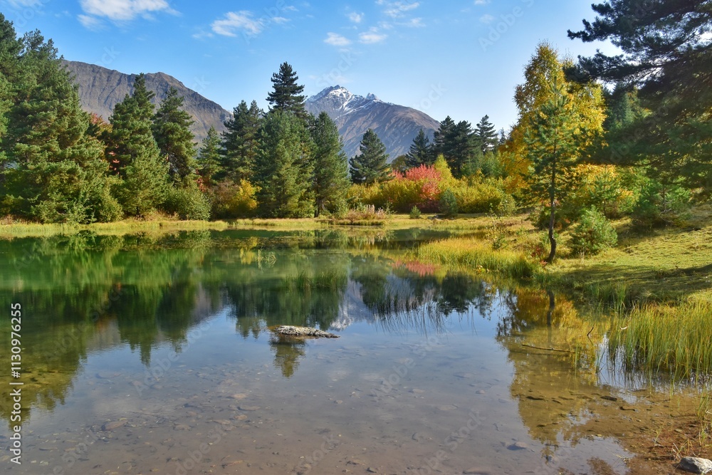 Fototapeta premium Stunning colourful autumn landscapes in the Northern Georgian Caucasus Mountains around Mestia