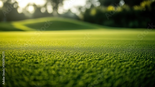 A golf course's putting green with neatly cut grass, outdoor setting with morning light, Elegant style photo