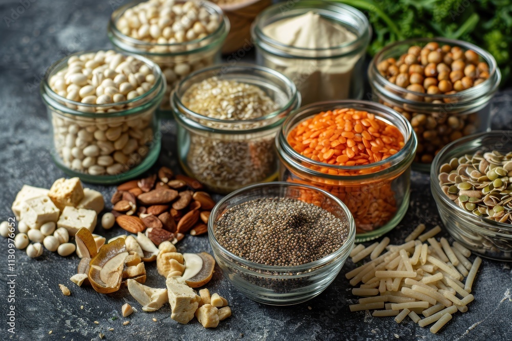 Fototapeta premium Nutritious options for vegans and vegetarians include grains seeds nuts vegetables and tofu Rich in antioxidants plant protein and fiber