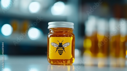 A clear jar of golden honey featuring a bee logo, set against a blurred background of jars and jars of honey. photo