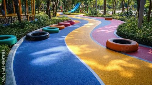 Playful Park Pathway with Colorful Tire Features photo