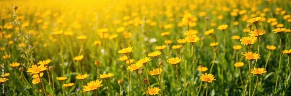 Fototapeta premium Vibrant yellow daffodil flowers blooming in a sunny field, sunny, growth, field