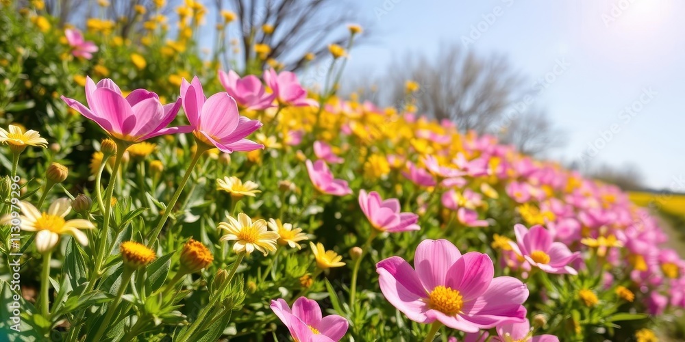 Fototapeta premium Vibrant yellow daffodil flowers blooming in a vast field under a clear blue sky, petals, plants, landscape