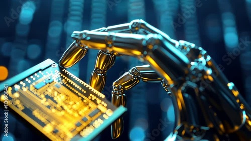 A robot is holding a blue electronic device. The robot is made of metal and has a shiny, metallic appearance. The device is small and rectangular, with a few buttons on the front