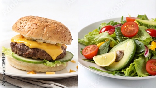 Contrast of products: one photo shows a hamburger and a plate of fresh salad placed side by side. The background is clean, light, creating a sense of choice between unhealthy food and a healthy lifest photo