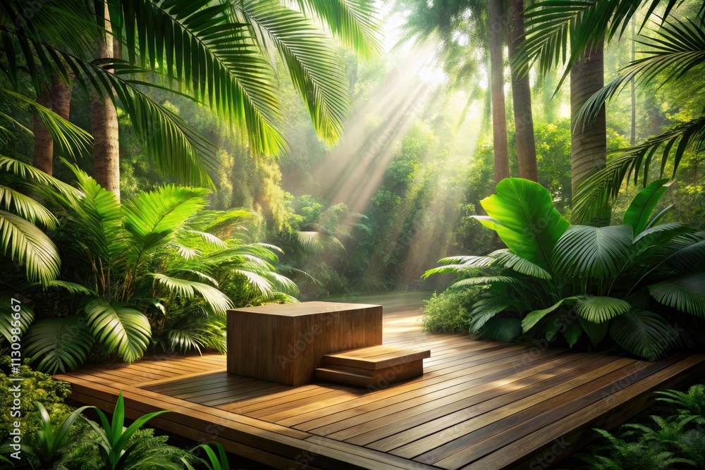 Fototapeta premium 3D Wooden Podium Jungle Product Display - Drone Aerial Photography