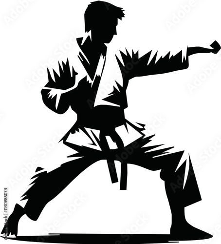 Karate woman fighter in kimono, vector silhouette illustration. Japan traditional martial art. Girl in self-defense presentation. In healthy body healthy mind. Karate mom.