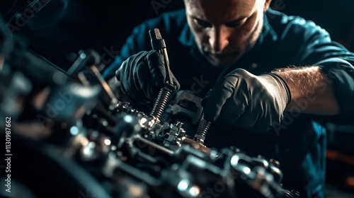 Skilled Mechanic Working with Precision on Engine Components in Dimly Lit Workshop Environment