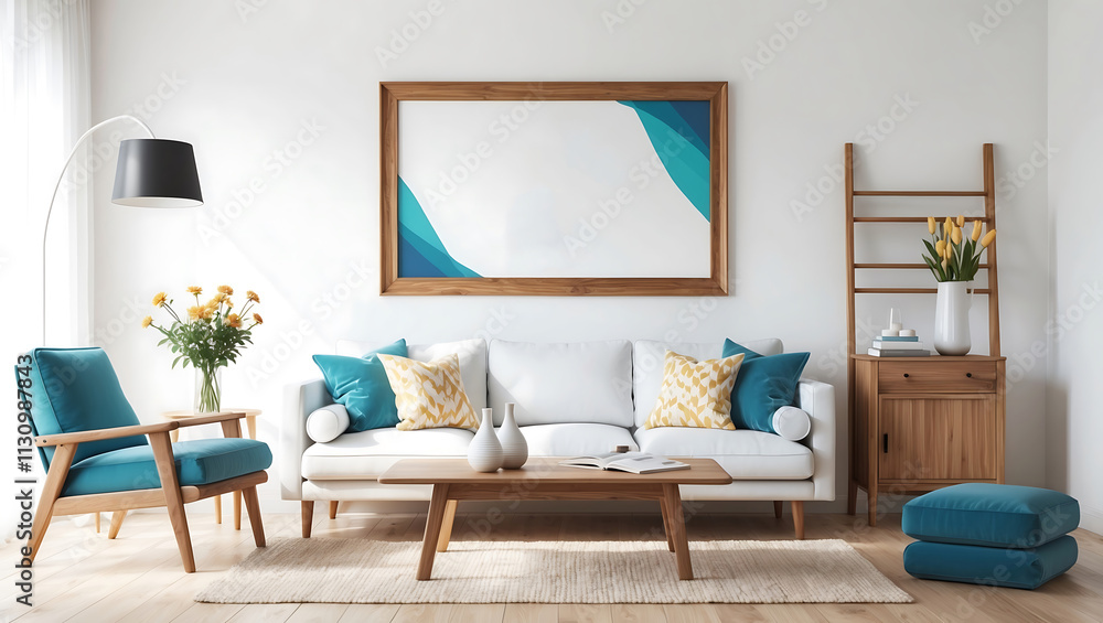 Fototapeta premium Colorful abstract painting above grey couch with pillows in scandinavian design interior
