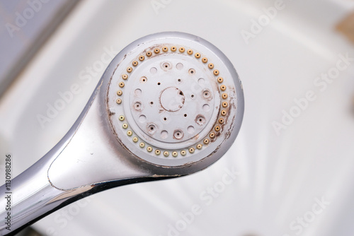 Silver shower head with limescales that should be cleaned. Calcified shower due to hard water. Calcium mineral buildup.